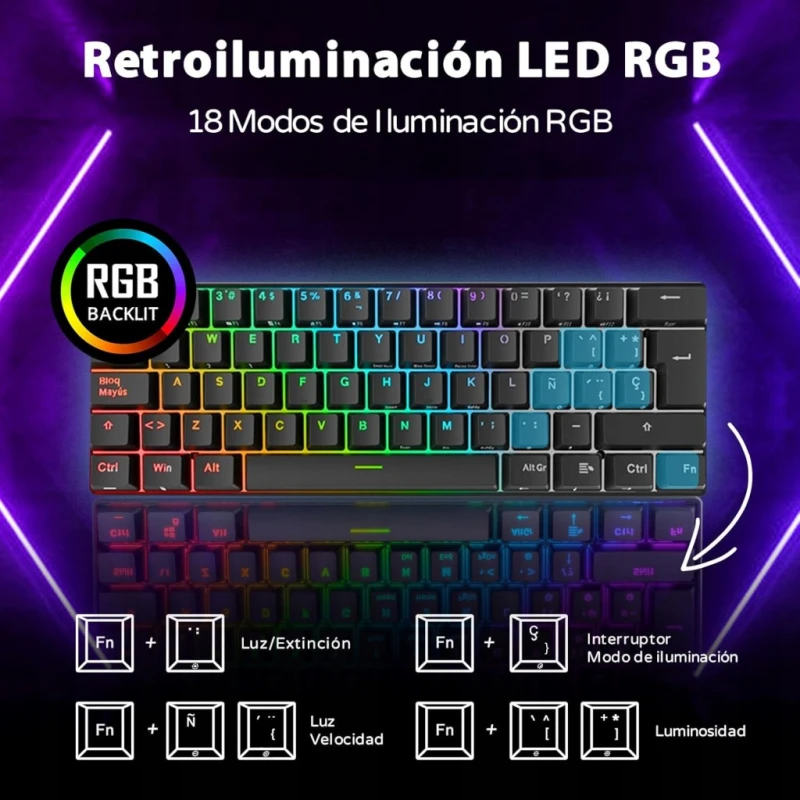RK Royal Kludge RK61 klawiatura mechaniczna 60% RGB układ hiszpański qwerty