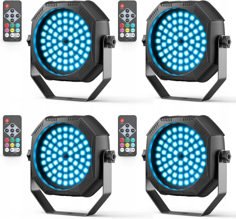 Zestaw 4 mini reflektorów scenicznych LED PAR RGB z akumulatorem i pilotem