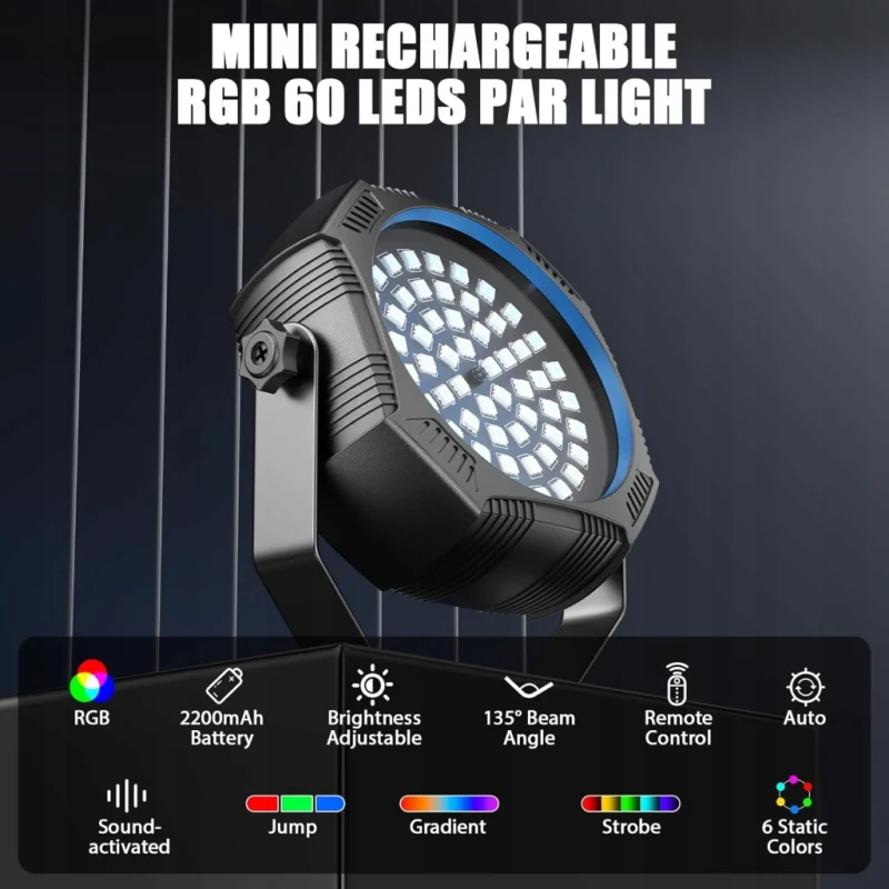 Zestaw 4 mini reflektorów scenicznych LED PAR RGB z akumulatorem i pilotem