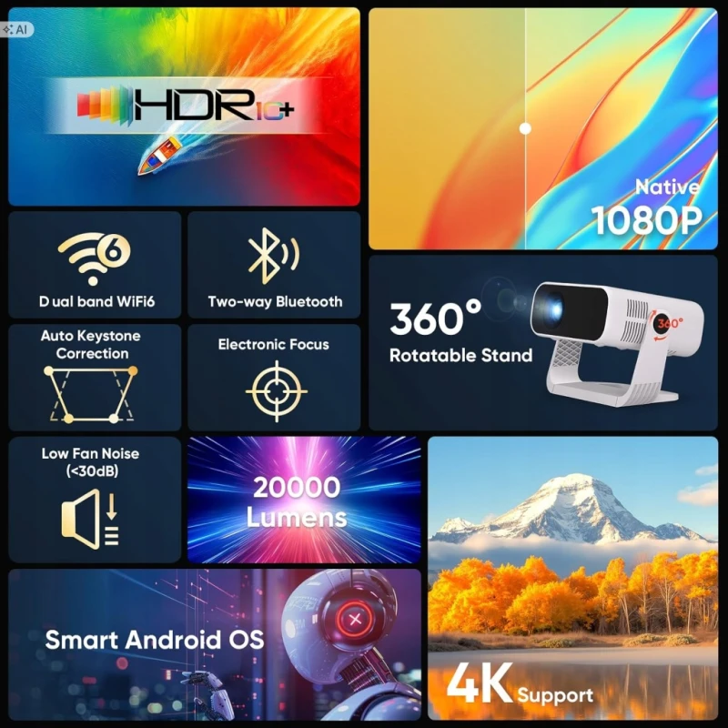 Projektor Wielio AE211B-2 Full HD 1080p Android 14 WiFi 6 Bluetooth 5.2