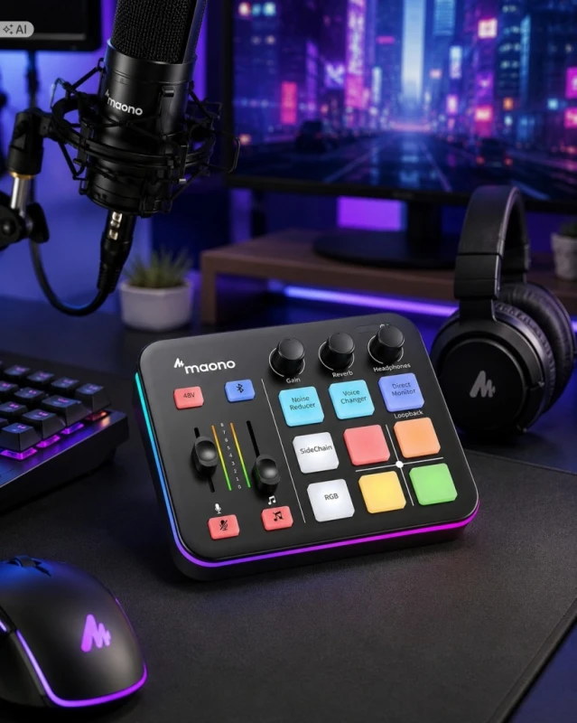 Maono Caster G1 Neo mikser audio RGB XLR 48V do streamingu