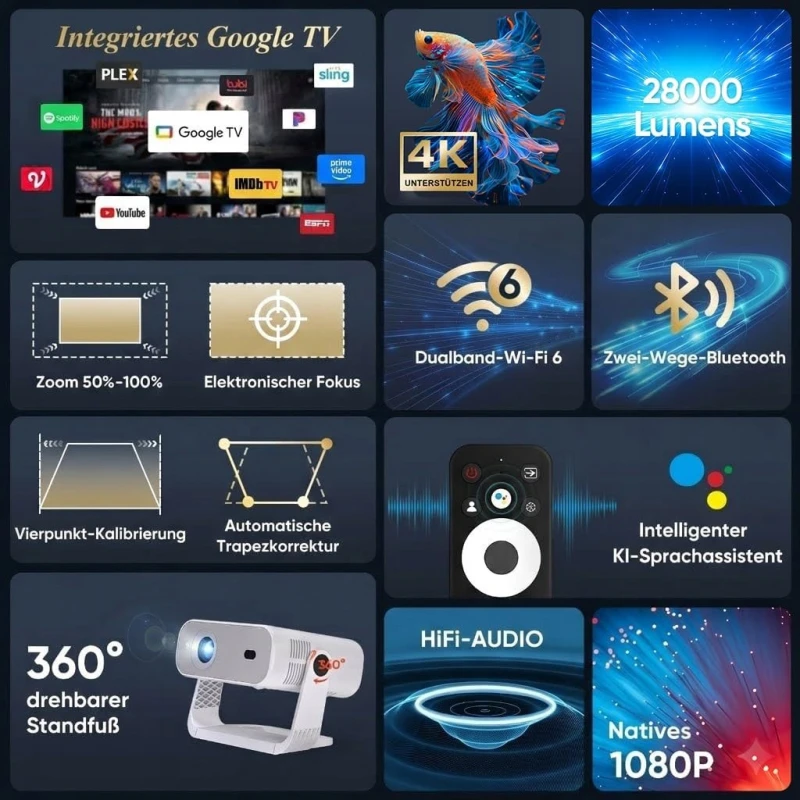 Wielio 2026 projektor Google TV Full HD 1080p WiFi 6 Bluetooth 5.2