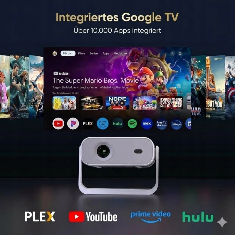 Wielio 2026 projektor Google TV Full HD 1080p WiFi 6 Bluetooth 5.2
