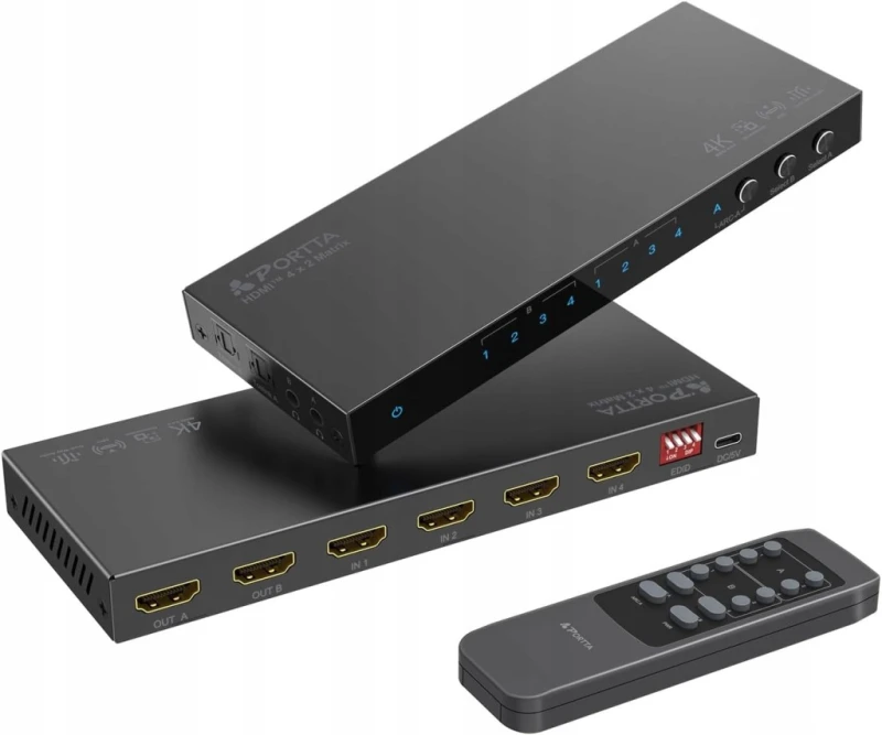 Portta HDMI Matrix 4x2 4K 60Hz HDR ARC EDID ekstraktor audio, Toslink L408