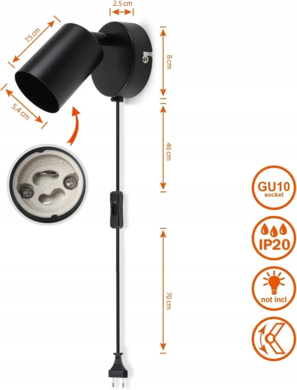 da LIGHT lampka ścienna GU10 z wtyczką czarna retro 230 V