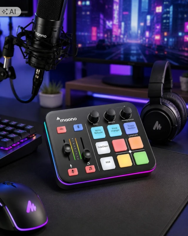 Maono Caster G1 Neo mikser audio RGB XLR 48V do streamingu