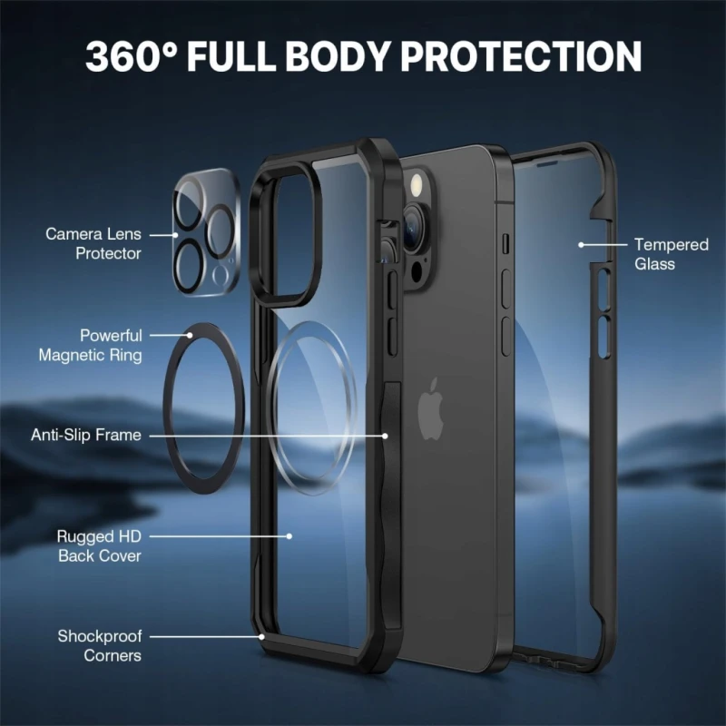 Cenhufo etui iPhone 14 Pro Max 360° szkło 9H MagSafe czarne, full body