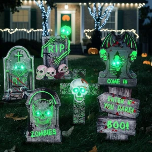 Dekoracja Halloween 6 świecących nagrobków + 10 LED do ogrodu- Chaohua