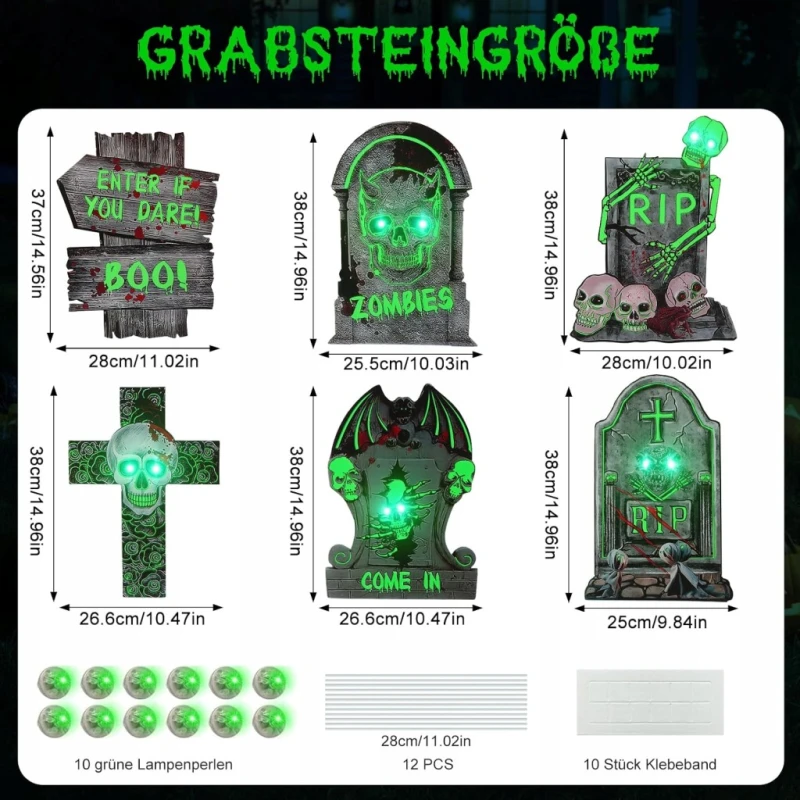 Dekoracja Halloween 6 świecących nagrobków + 10 LED do ogrodu- Chaohua