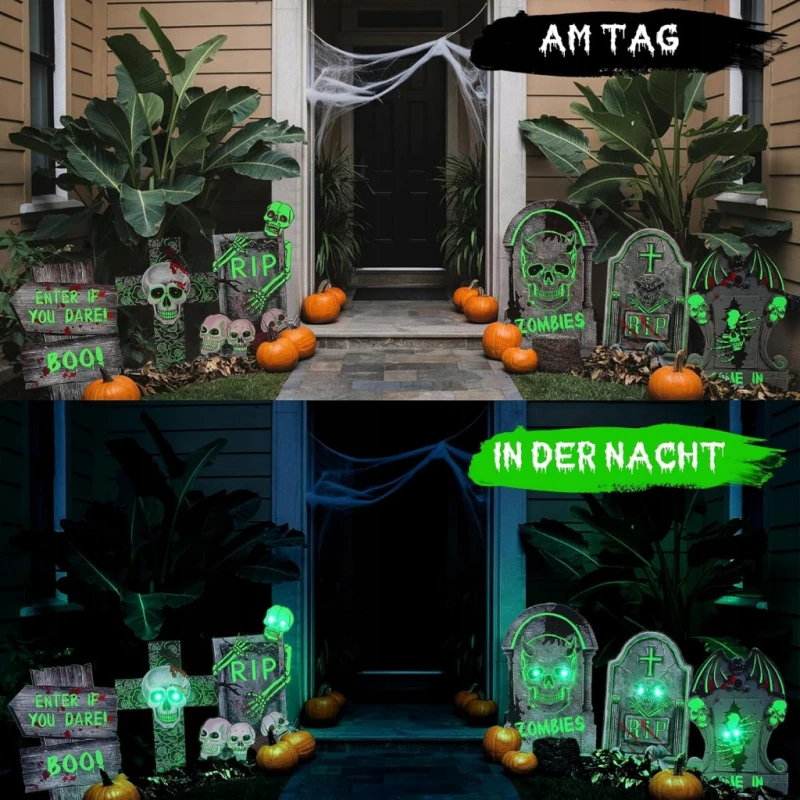 Dekoracja Halloween 6 świecących nagrobków + 10 LED do ogrodu- Chaohua