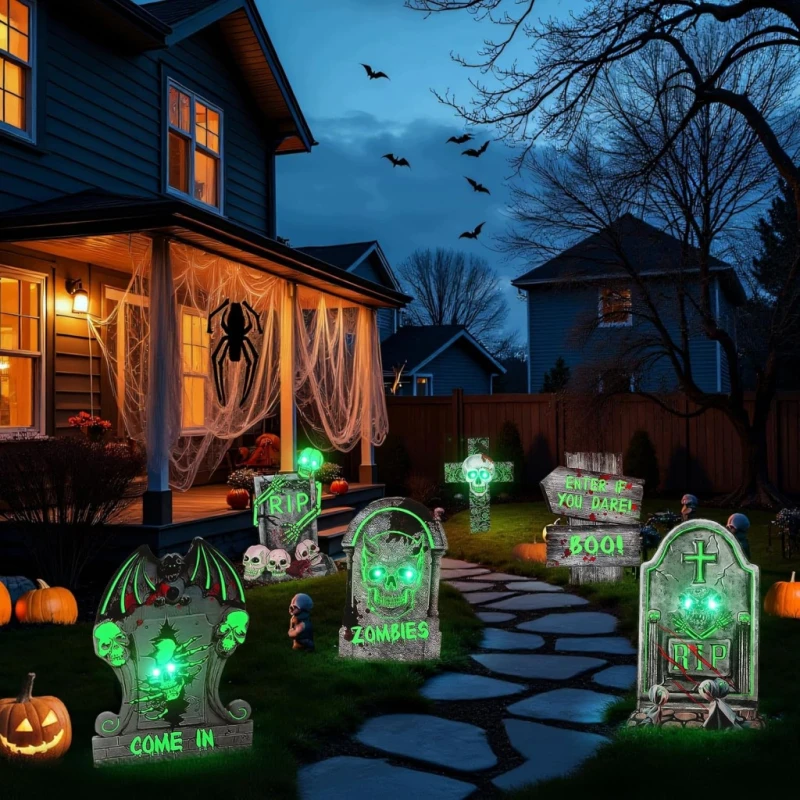 Dekoracja Halloween 6 świecących nagrobków + 10 LED do ogrodu- Chaohua