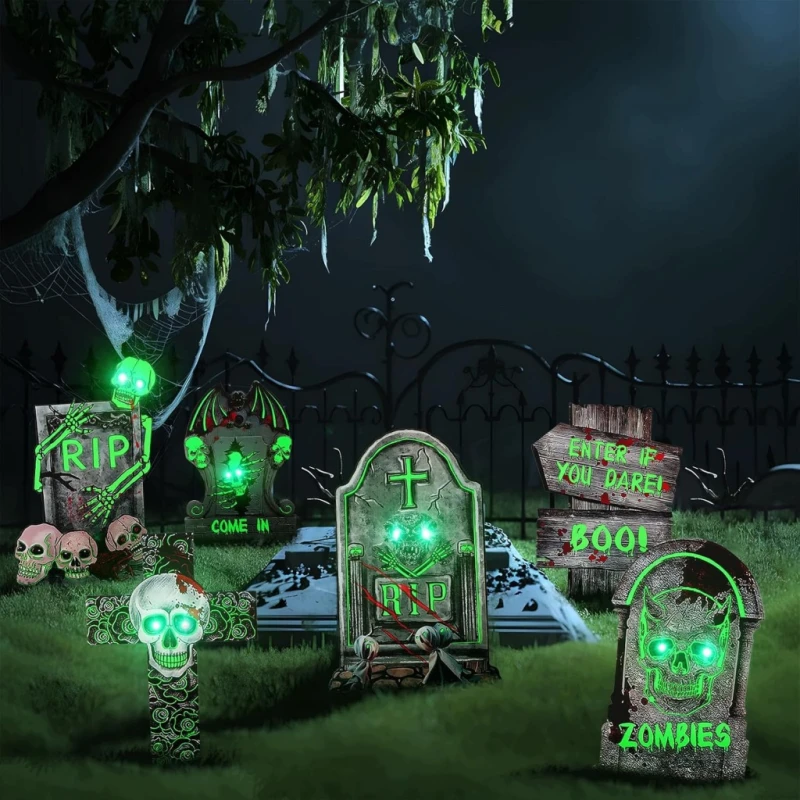 Dekoracja Halloween 6 świecących nagrobków + 10 LED do ogrodu- Chaohua
