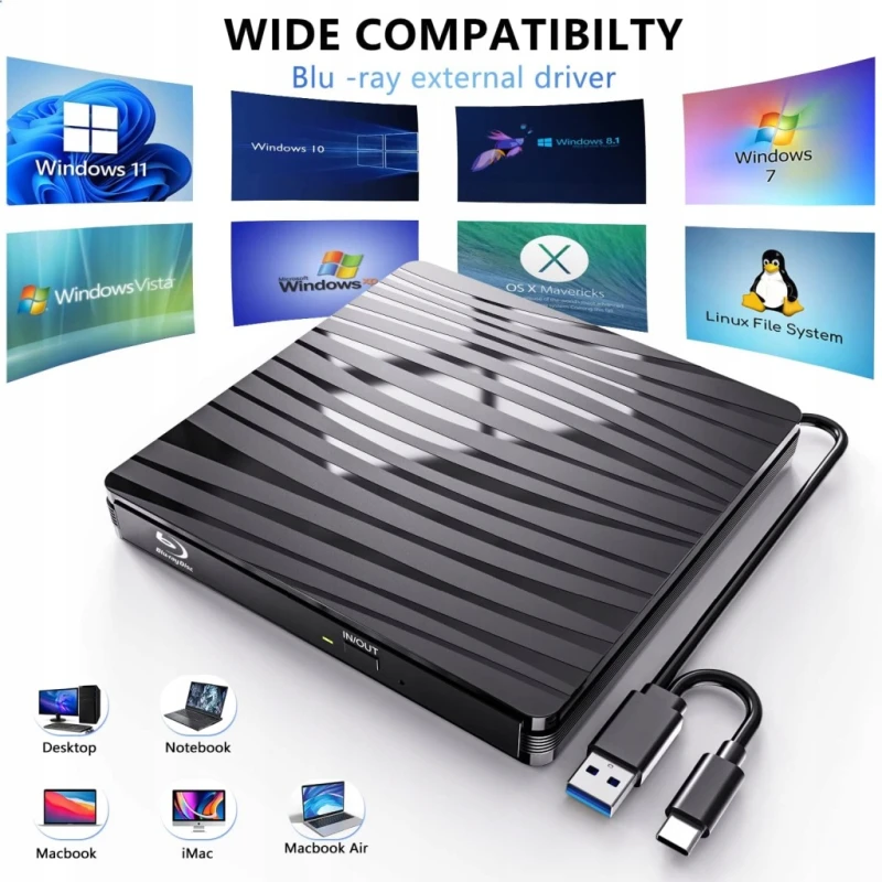 Zewnętrzny napęd, nagrywarka Blu-ray USB 3.0 USB-C BD DVD CD 1080p- QDSYLQ