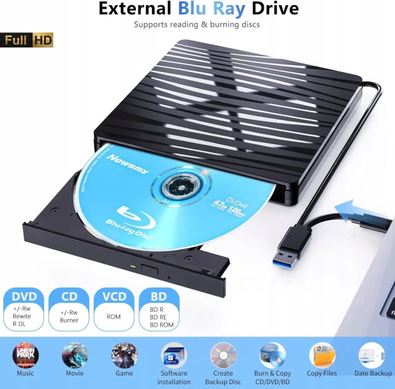 Zewnętrzny napęd, nagrywarka Blu-ray USB 3.0 USB-C BD DVD CD 1080p- QDSYLQ