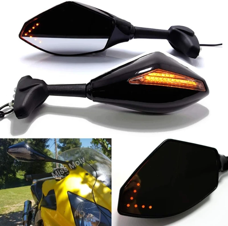 Lusterka motocyklowe LED kierunkowskazy CBR GSXR YZF czarne, Miss Moly