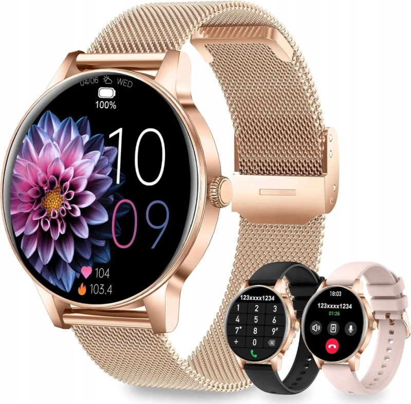Smartwatch damski 1,27" HD Bluetooth IP68 + 3 paski, rozmowy, Fitdafit
