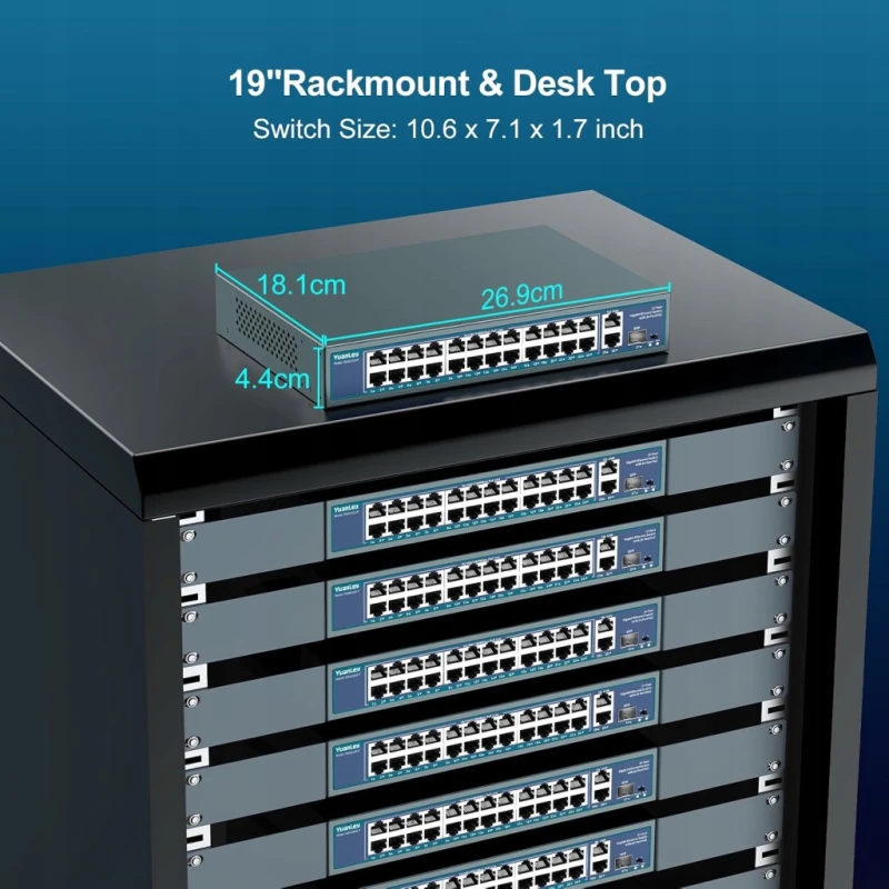 YuanLey Gigabit PoE switch 27 portów 400 W 2x uplink SFP VLAN rack