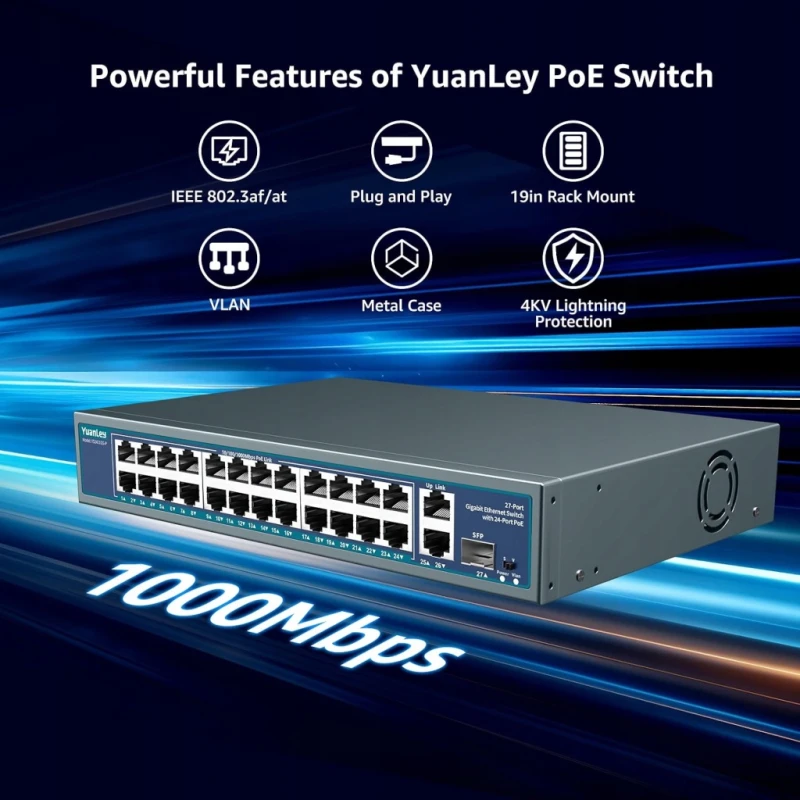 YuanLey Gigabit PoE switch 27 portów 400 W 2x uplink SFP VLAN rack