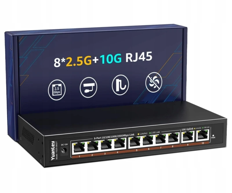 YuanLey switch 10G 10-portowy 8×2,5G + 2×10G RJ45