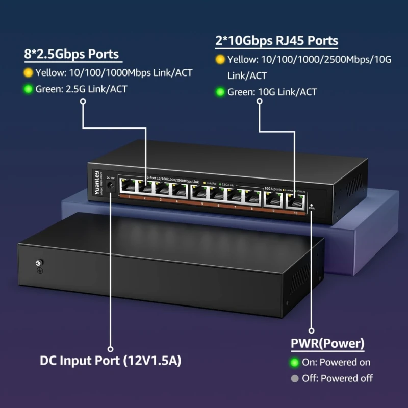 YuanLey switch 10G 10-portowy 8×2,5G + 2×10G RJ45