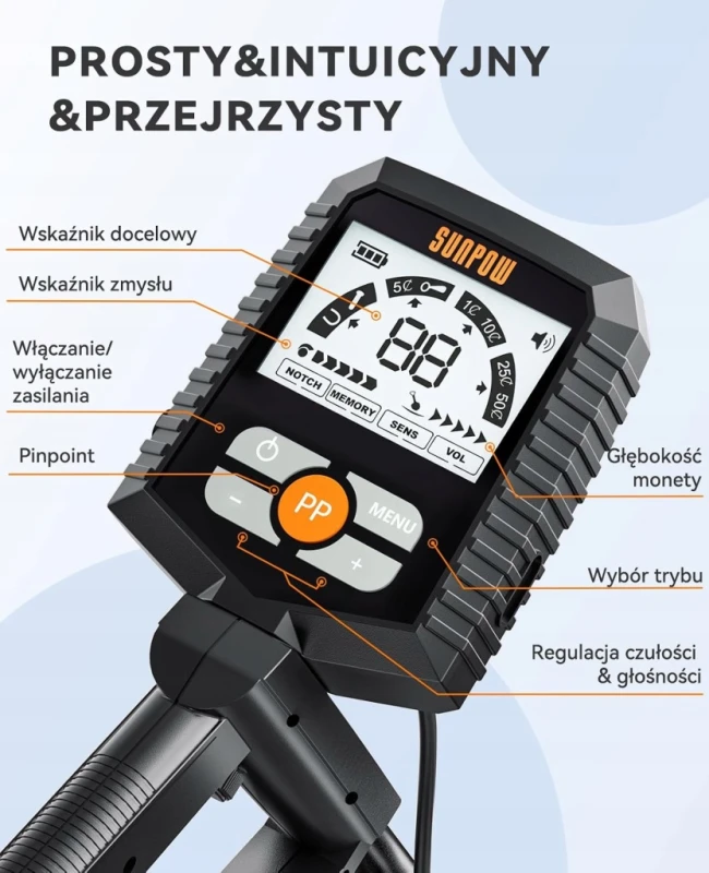 Sunpow wykrywacz metali 4 tryby LCD Pinpoint cewka IP68