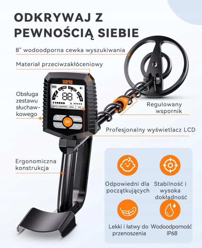 Sunpow wykrywacz metali 4 tryby LCD Pinpoint cewka IP68