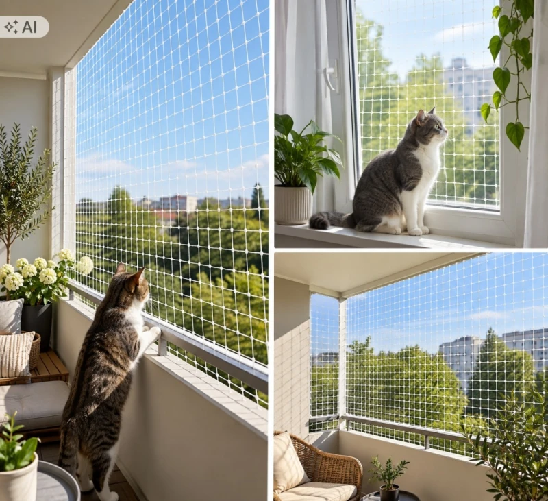 Siatka ochronna dla kota na balkon 3 x 6 m odporna na UV, zestaw montażowy