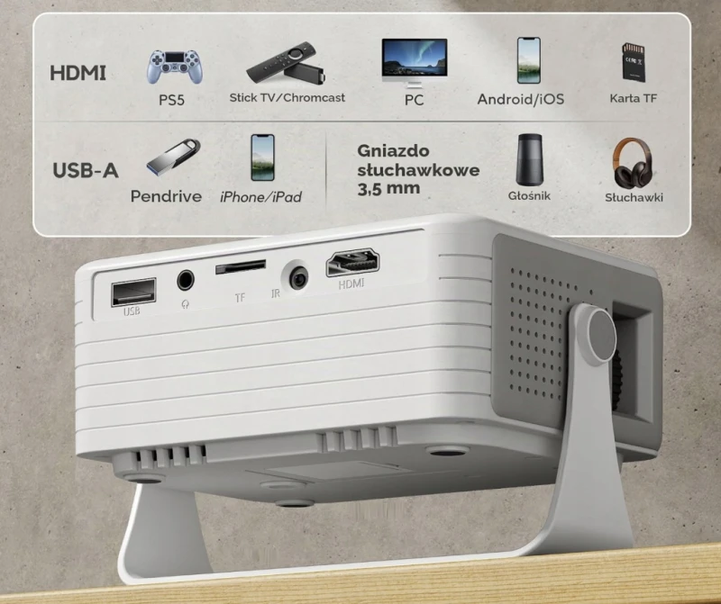 AKIYO O1 mini projektor 720p obsługa 1080p statyw 360° 8000 lm