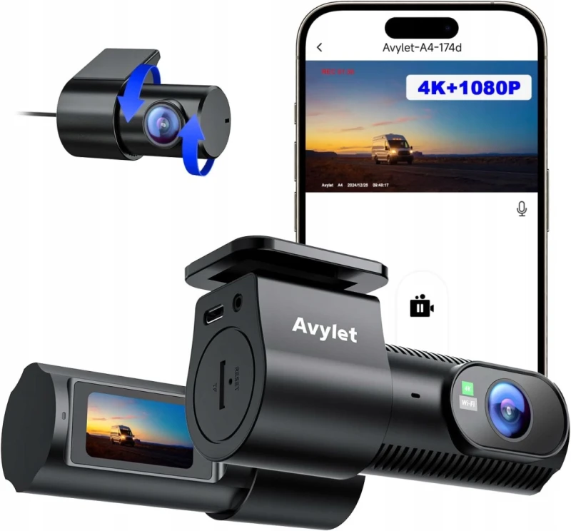 Avylet Dash Cam 4K + 1080p Wi-Fi WDR podwójna kamera samochodowa