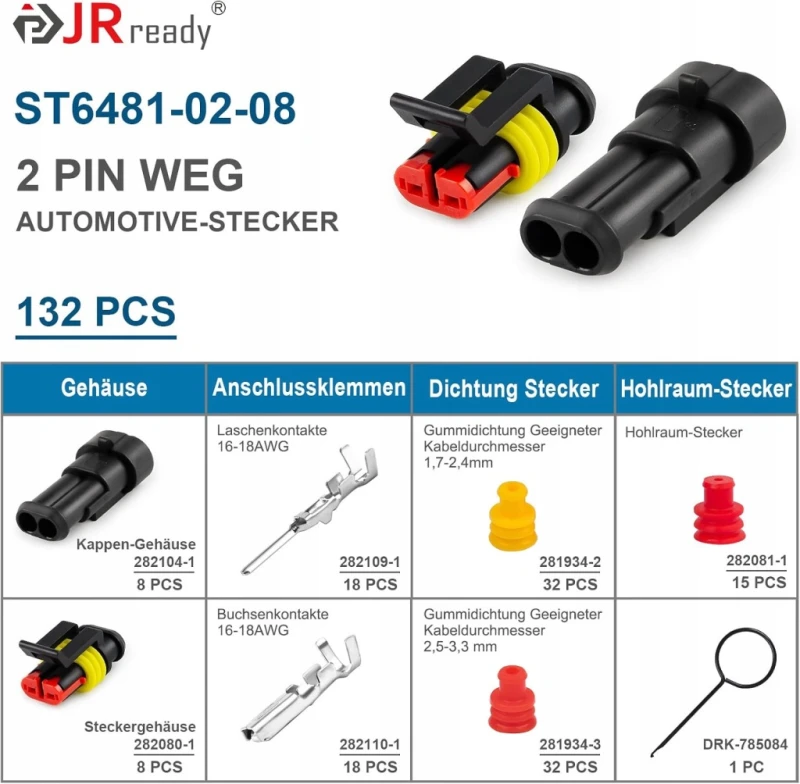 JRready ST6481-02-08 złącza 2-pin IP67 16–18 AWG 8 kompletów