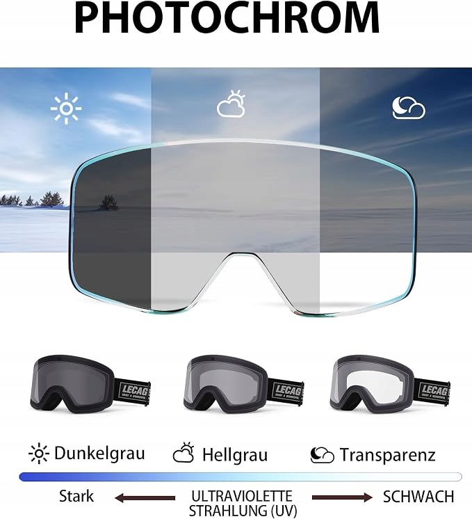 Gogle narciarskie fotochromowe Anti-Fog OTG bezramkowe UV- Lecage
