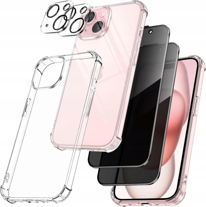 Etui 5w1 do iPhone 15 TPU przezroczyste + 2 szkła prywatyzujące- Vultec