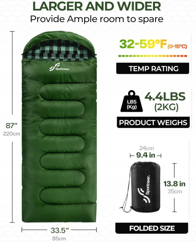 Sportneer śpiwór flanelowy 220x85 cm 0-15°C z odpinanym kapturem- Outlet