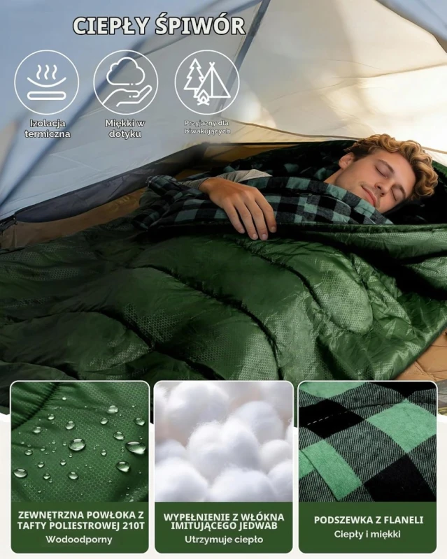 Sportneer śpiwór flanelowy 220x85 cm 0-15°C z odpinanym kapturem- Outlet