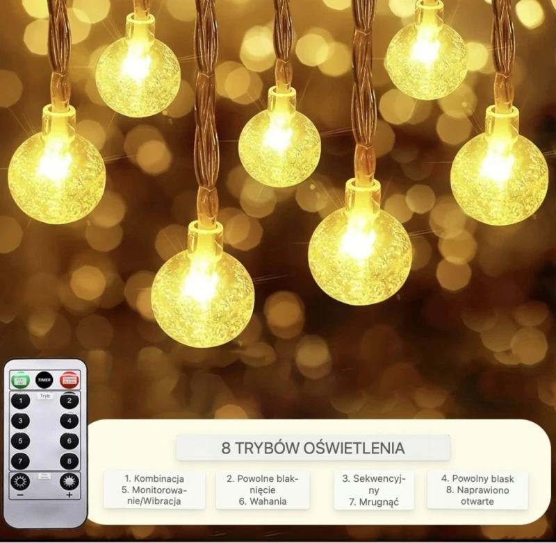Taiyongkang łańcuch świetlny 13 m 100 LED USB/baterie IP44 pilot
