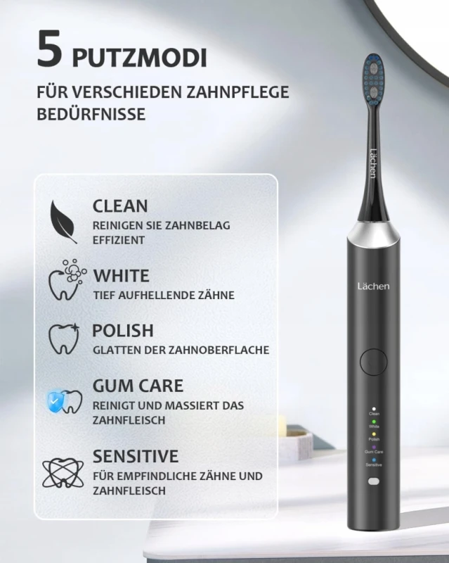 Lächen szczoteczka soniczna do zębów 5 trybów 6 końcówek IPX7 etui