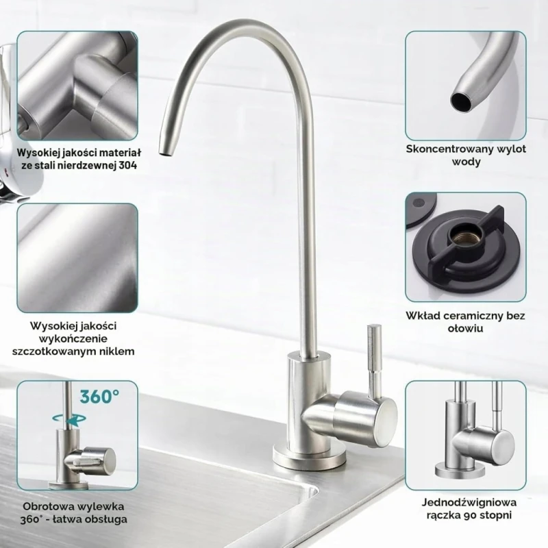DEWIN kran do filtra wody 1/4" stal nierdzewna chrom 360° RO kuchenny