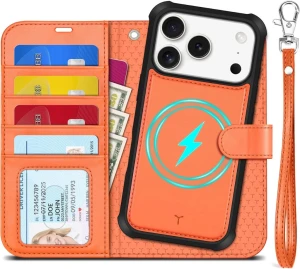 TUCCH etui 2w1 do iPhone 17 Pro 6,3" RFID pomarańczowe z paskiem