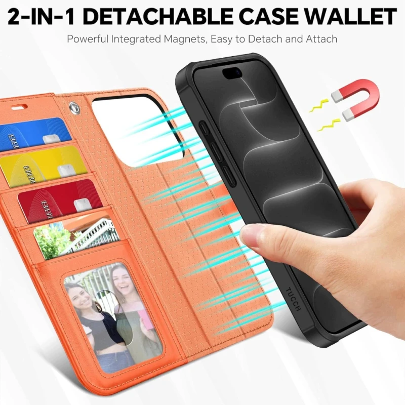 TUCCH etui 2w1 do iPhone 17 Pro 6,3" RFID pomarańczowe z paskiem