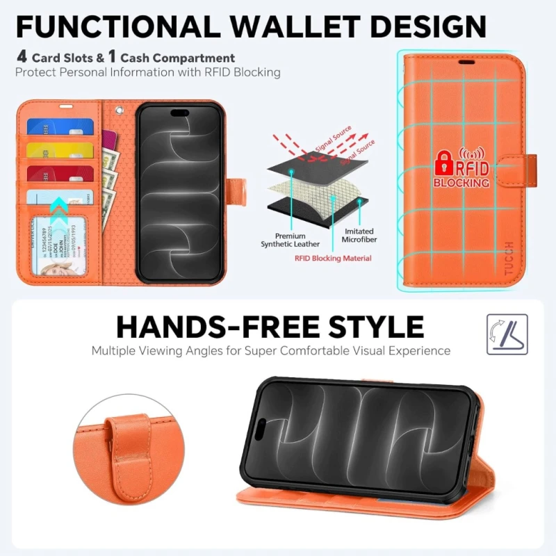 TUCCH etui 2w1 do iPhone 17 Pro 6,3" RFID pomarańczowe z paskiem