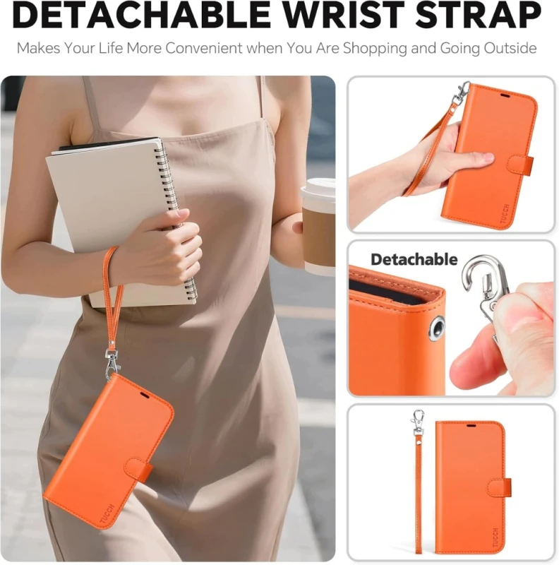 TUCCH etui 2w1 do iPhone 17 Pro 6,3" RFID pomarańczowe z paskiem