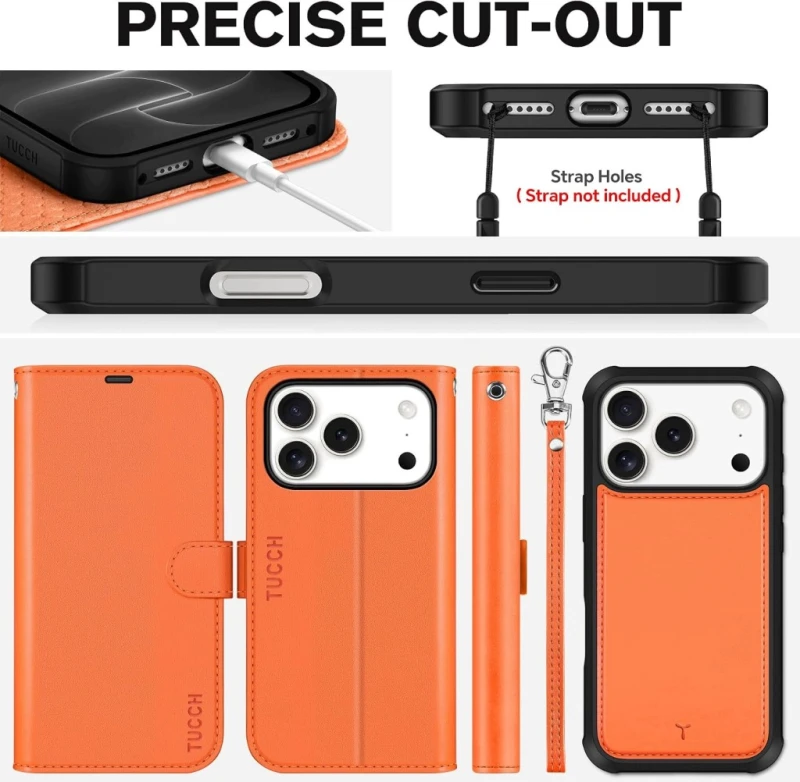 TUCCH etui 2w1 do iPhone 17 Pro 6,3" RFID pomarańczowe z paskiem