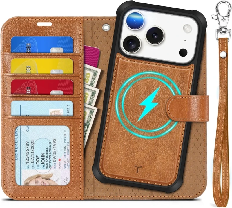 TUCCH etui 2w1 do iPhone 17 Pro, 18 Pro 6,3" RFID jasnobrązowe