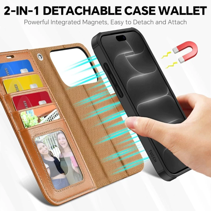 TUCCH etui 2w1 do iPhone 17 Pro, 18 Pro 6,3" RFID jasnobrązowe