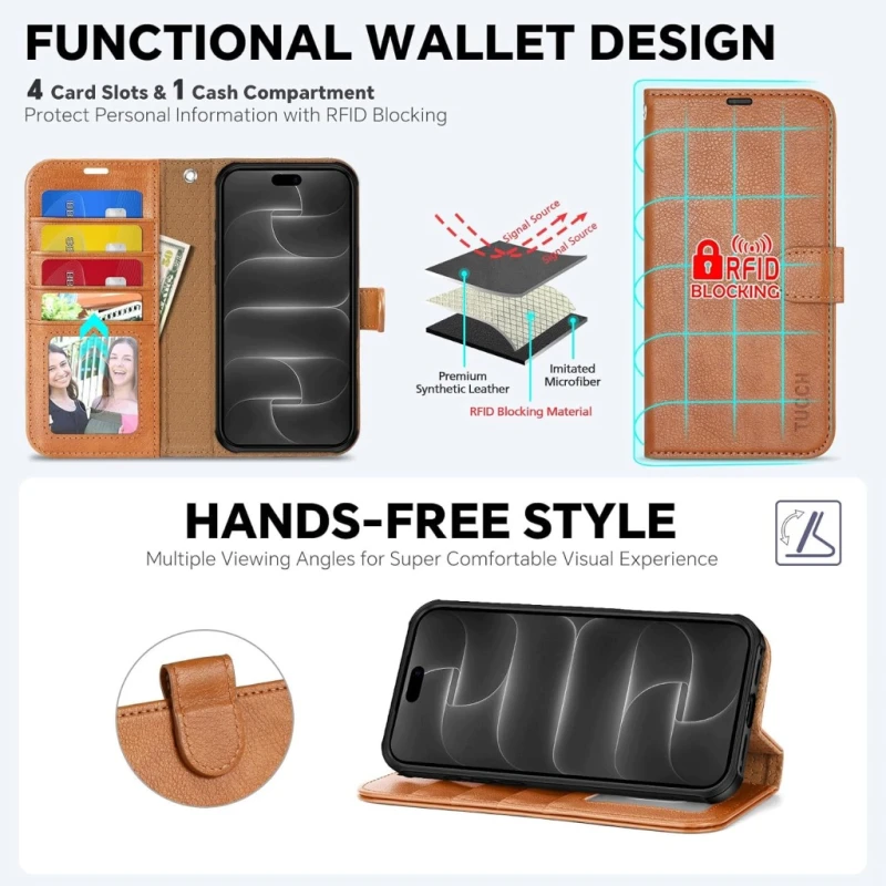 TUCCH etui 2w1 do iPhone 17 Pro, 18 Pro 6,3" RFID jasnobrązowe