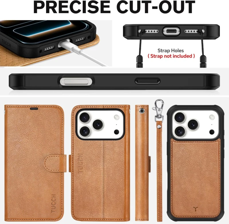 TUCCH etui 2w1 do iPhone 17 Pro, 18 Pro 6,3" RFID jasnobrązowe