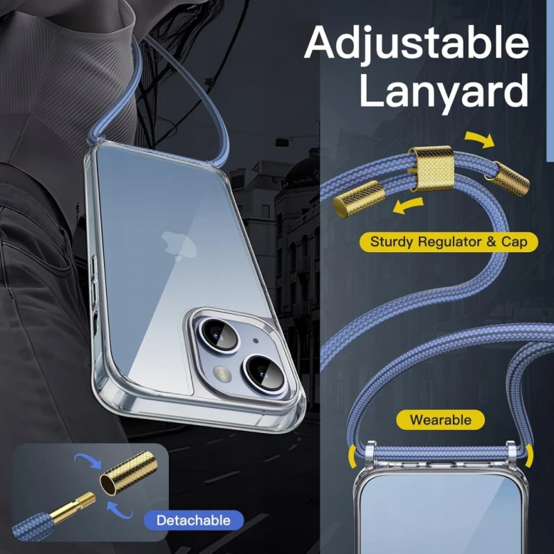 JETech etui iPhone 14 6,1" przezroczyste z niebieskim paskiem Crossbody