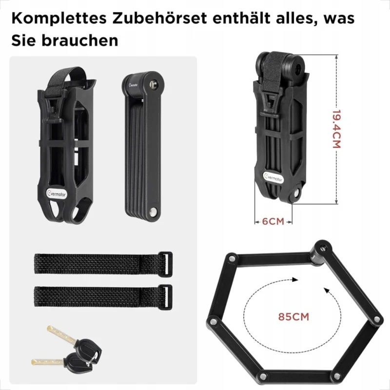 Evermotor zapięcie rowerowe składane 85 cm hartowana stal z uchwytem