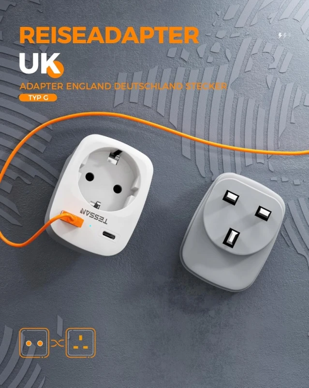 TESSAN adapter podróżny UK typ G Schuko USB-C USB-A 3250 W 3w1