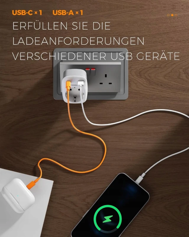 TESSAN adapter podróżny UK typ G Schuko USB-C USB-A 3250 W 3w1